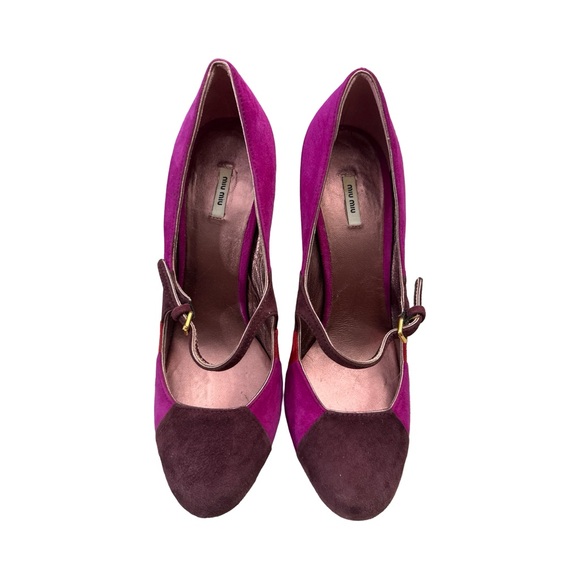 Miu Miu Colorblock Suede Mary Jane Heels Size 37 Sculptural Heel Designer Pink - Picture 3 of 11